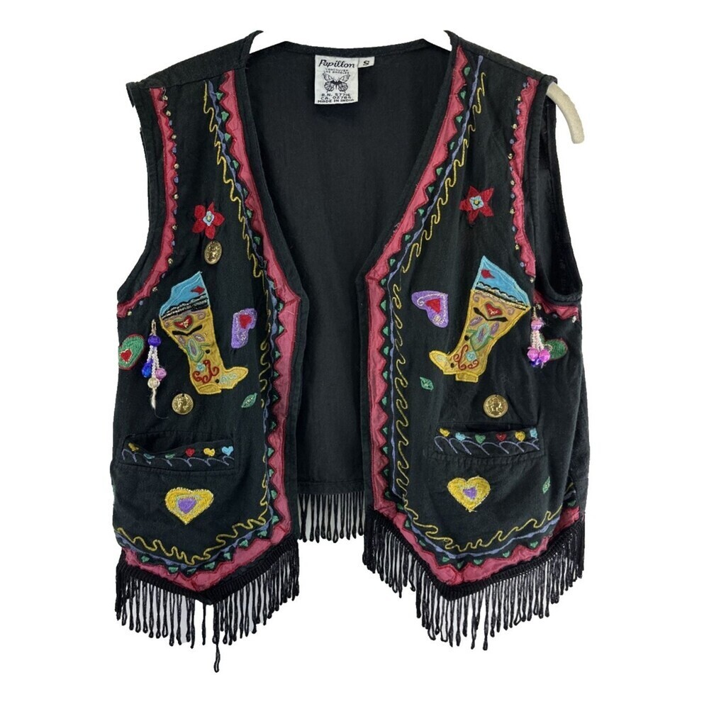Papillon Embroidered Vest Fringe Trim Boots Floral Hearts Black Pink Women Small